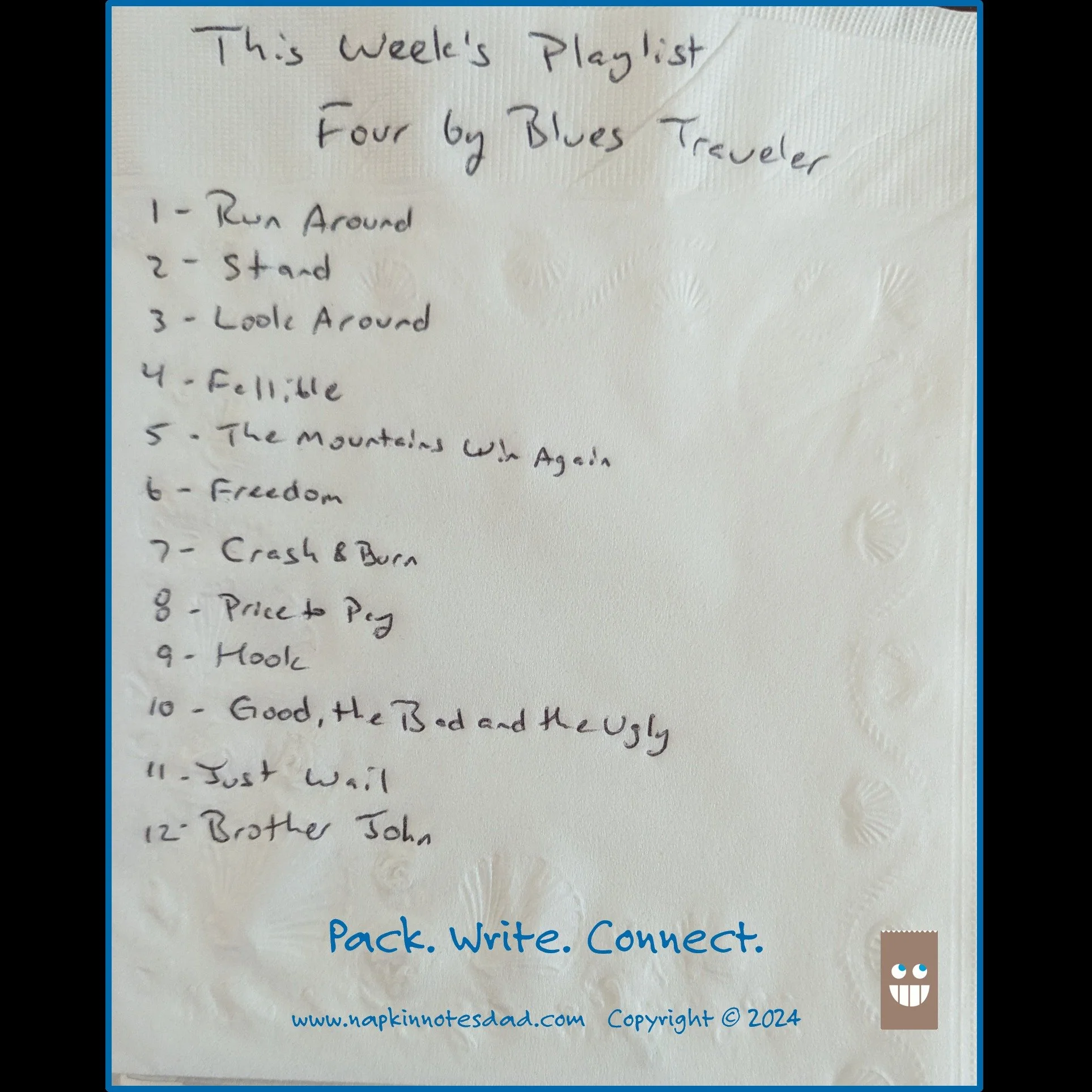 I created a new type of Napkin Note when Emma was in college. I loved sharing my favorite music with her! 

Pack. Write. Connect 🎶