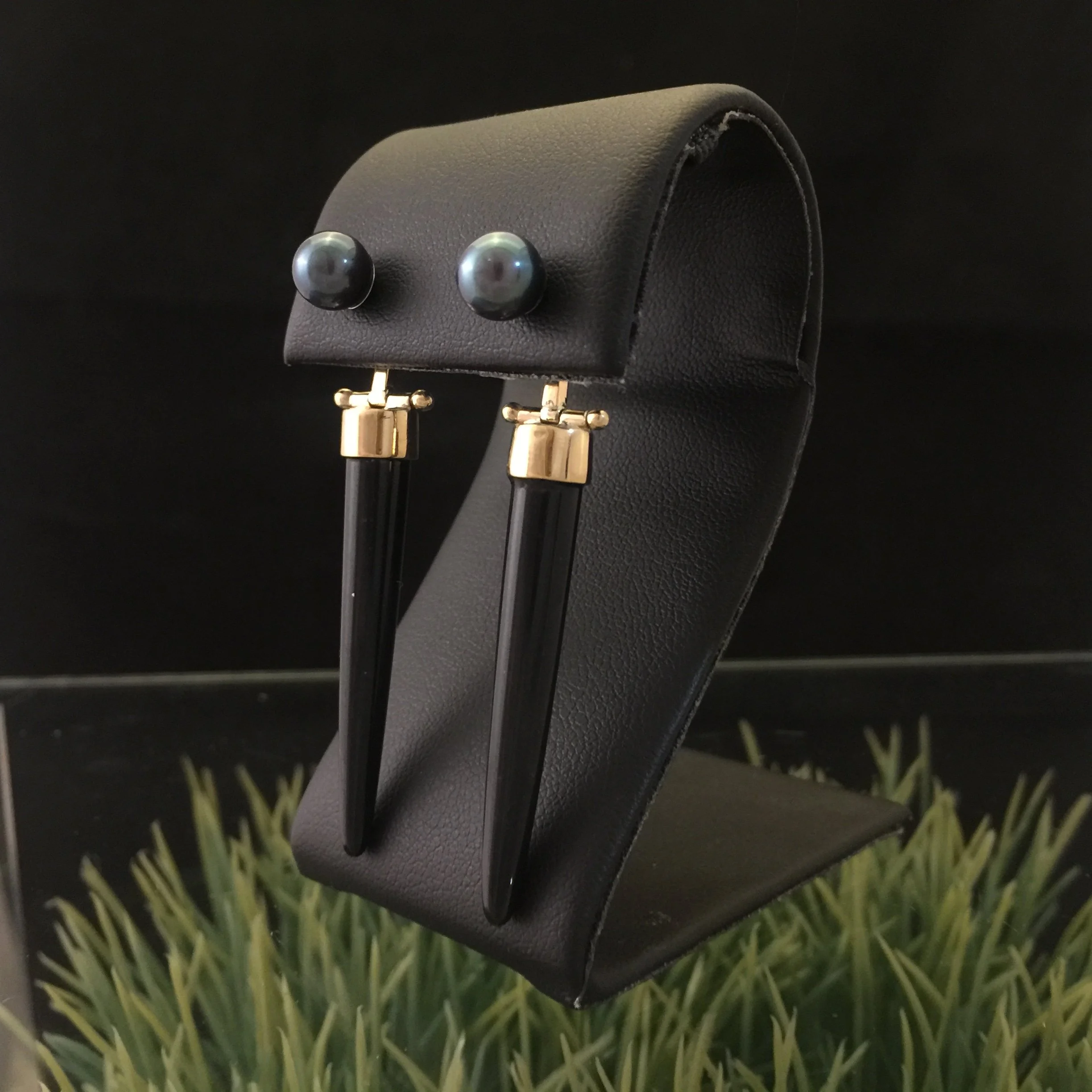 bullet black onyx earring jackets with black pearl studs.JPG