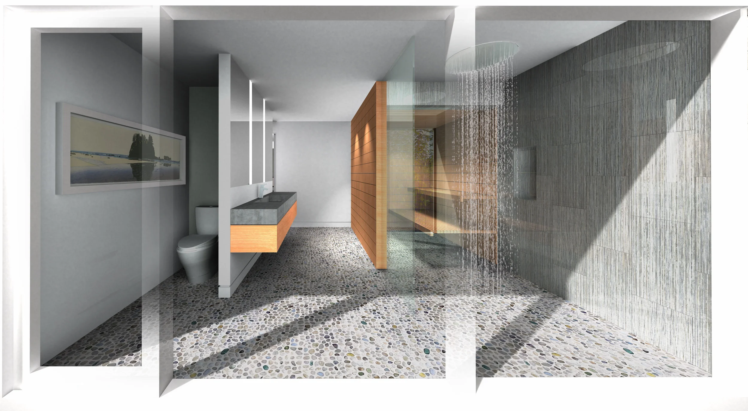 Master Bathroom Concept showing Sauna integration in background to right