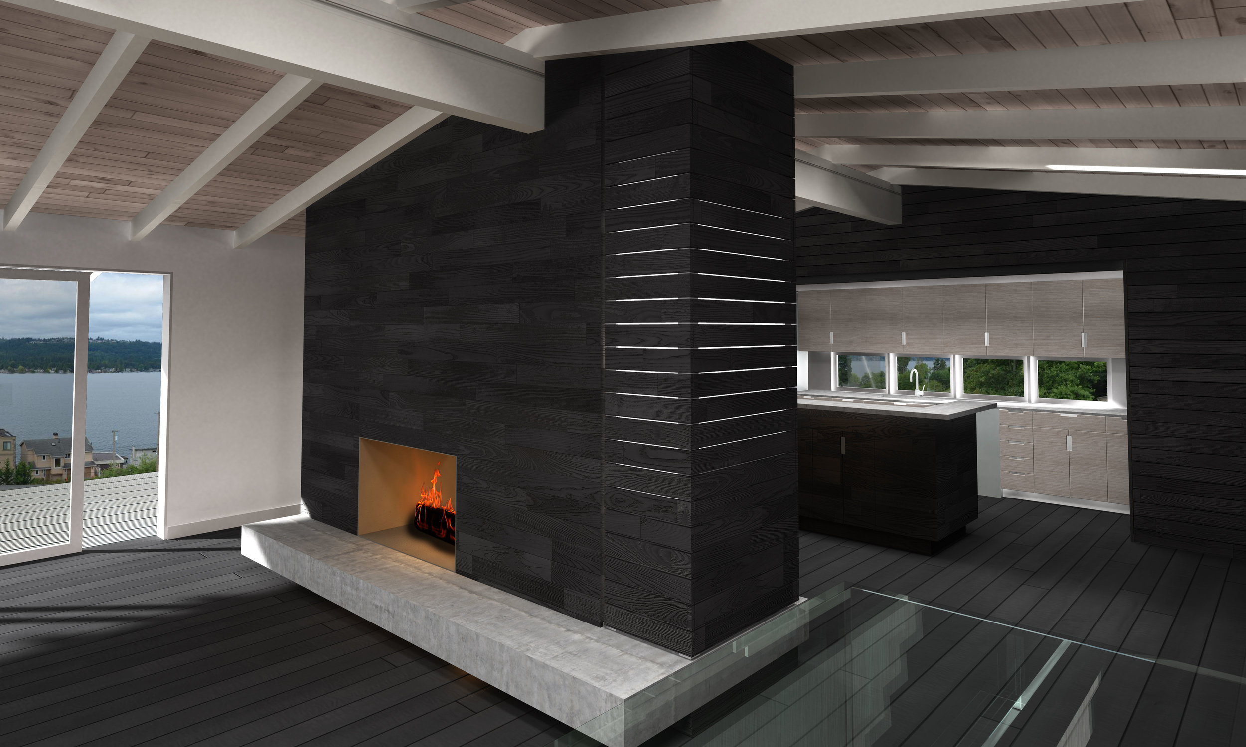 View of Fireplace and lightbox with Kitchen in background.