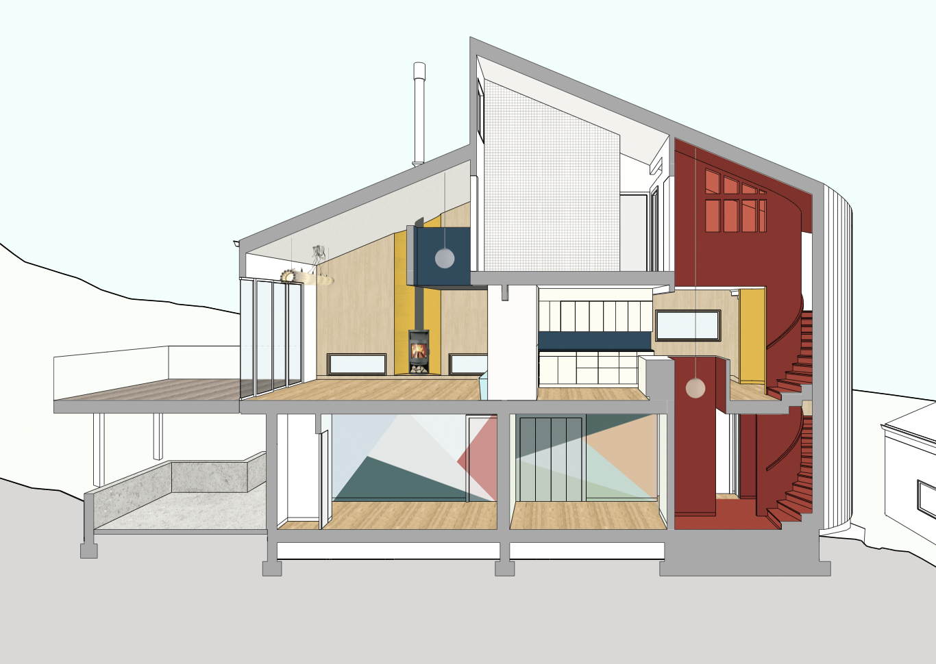 Section rendering showing especially the interconnected spaces, color and material flows through the house.