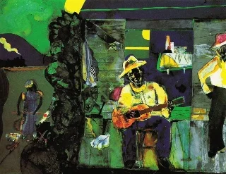 Evening Limited to Memphis , 1987 paint and paper collage on board HMA purchase partially funded by Carolina Mills and friends, 1989.5