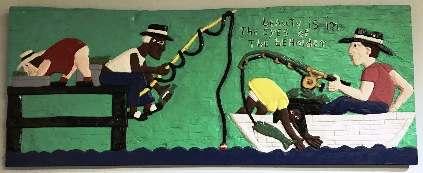 Herbert Singleton (1945-2007) Beauty is in the Eye of the Beholder, no date acrylic on wood Gift of Albert Keiser, Jr., 2013.10.11 Read at The Art of Poetry at HMA Tracy Fields Eye of the Beholder Inspired by “Eye of the Beholder” by Herbert Singleton September 6, 2016 Dark skin light skin Will we ever just look within? Why must we only see just dark skin or light skin? No judgement of those with hearts of tin GOD will deal with them in the end We were all created equal no matter the color of our skin Beauty is light and dark skin She sees no color He knows no color She admires his light skin A beauty she desires like no other She sees him thru GOD’s eyes Her eyes behold his light skin Her beauty, he sees as a gift He longs to touch her dark skin He sees her thru GOD’s eyes His eyes behold her dark skin He loves to fish She doesn’t know how to fish He teaches her it is all in the wrist She prefers to do it with a twist Behold the dark skin Behold the light skin The eye only sees beauty The heart only know beauty GOD created this amazing beauty Made from GOD’s image, no specific race All uniquely made All wonderfully made The beautiful human race ============================================