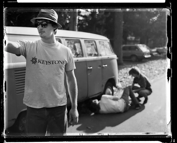 Working on the VW bus with Alex, Wes and Peggie. Purefoy Road, Chapel HIll, NC