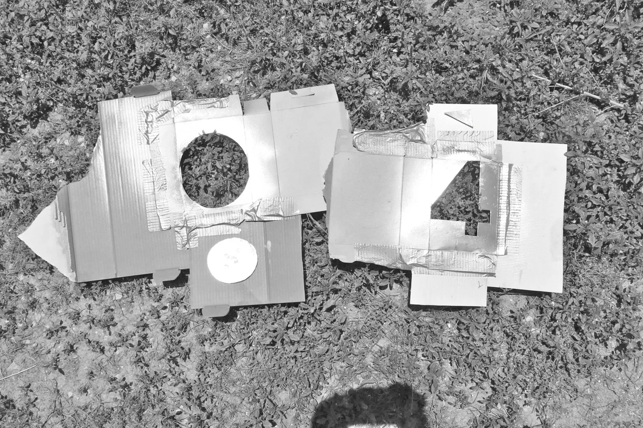 15 August 2014: Lynn made stencils from Nut-thin boxes, duck tape, and silver spray paint from the store.