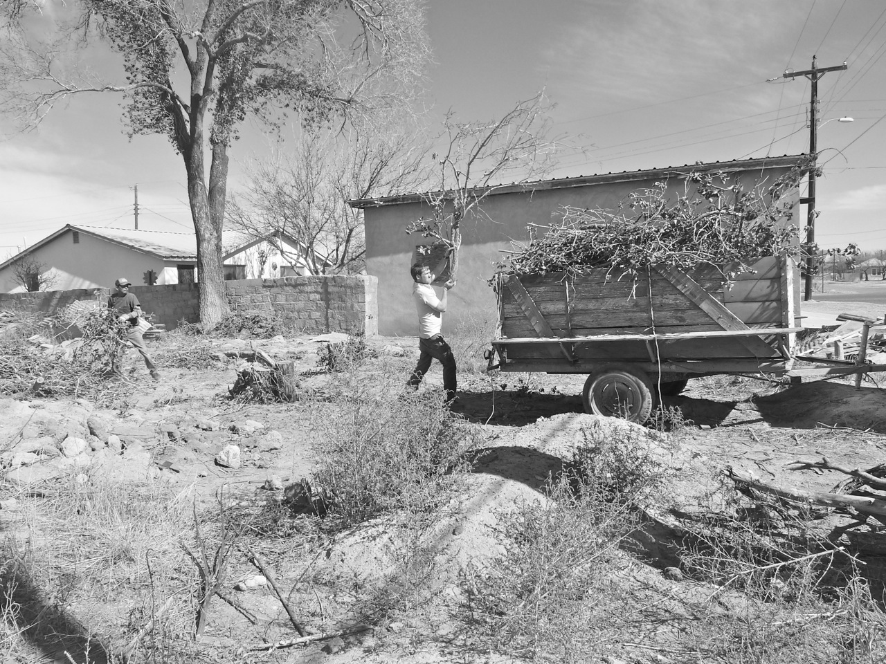 31 January 2014: Mr. Cataño (down the block, who takes care of the cemetery on the outskirts of town) helps us haul off the trim and brush.