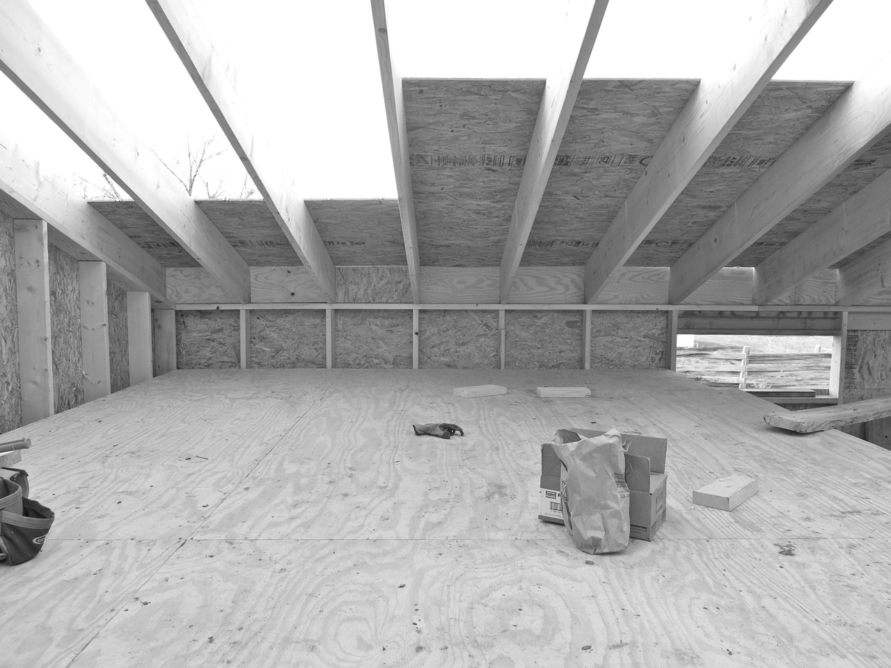 11 January 2015: Lower end of the loft space. Rafters all up, beginning of roof sheathing.