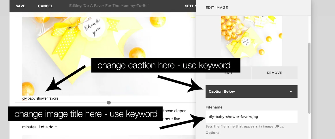 changing image titles and captions in Squarespace