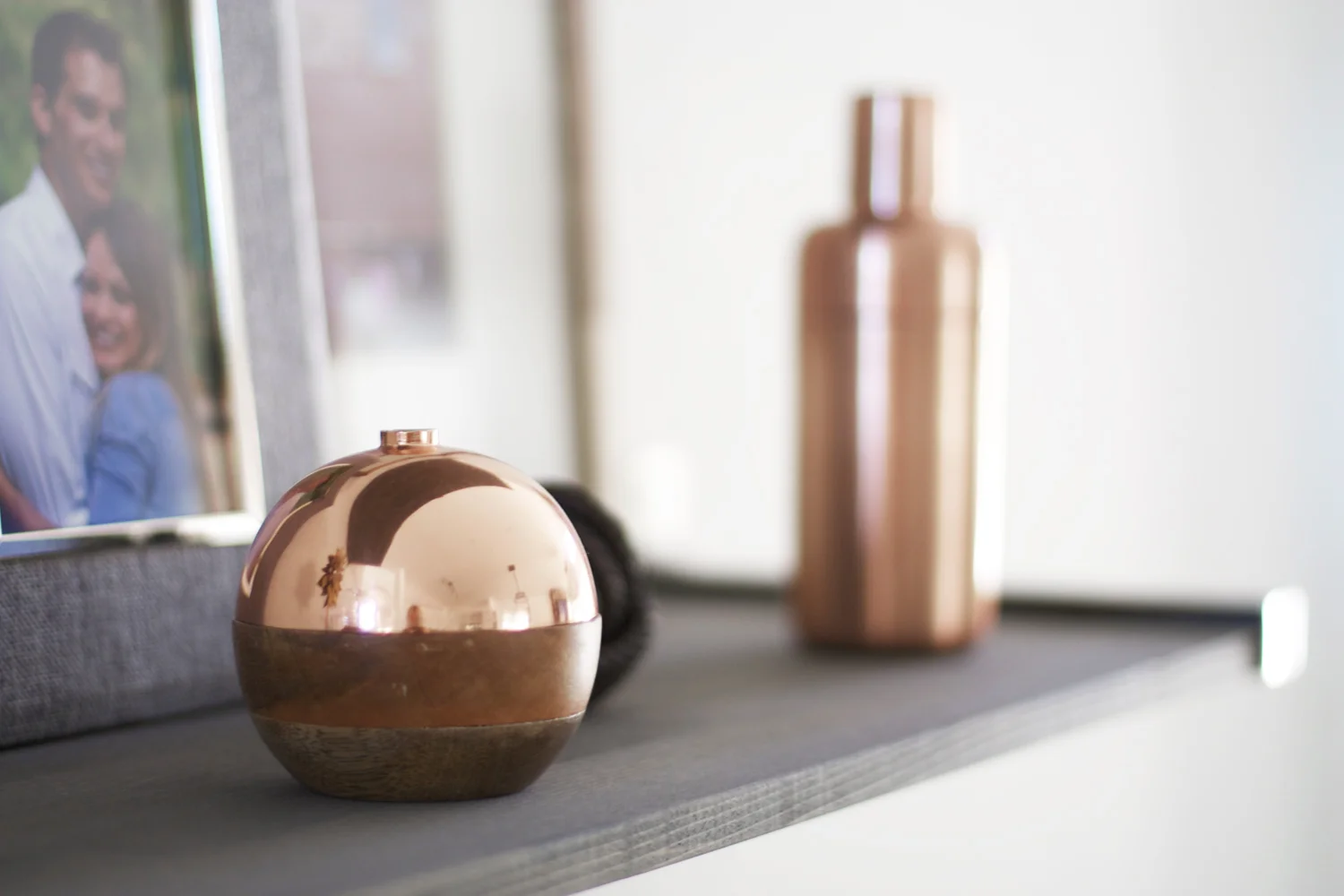 gray shelves and copper accessories IKEA hack