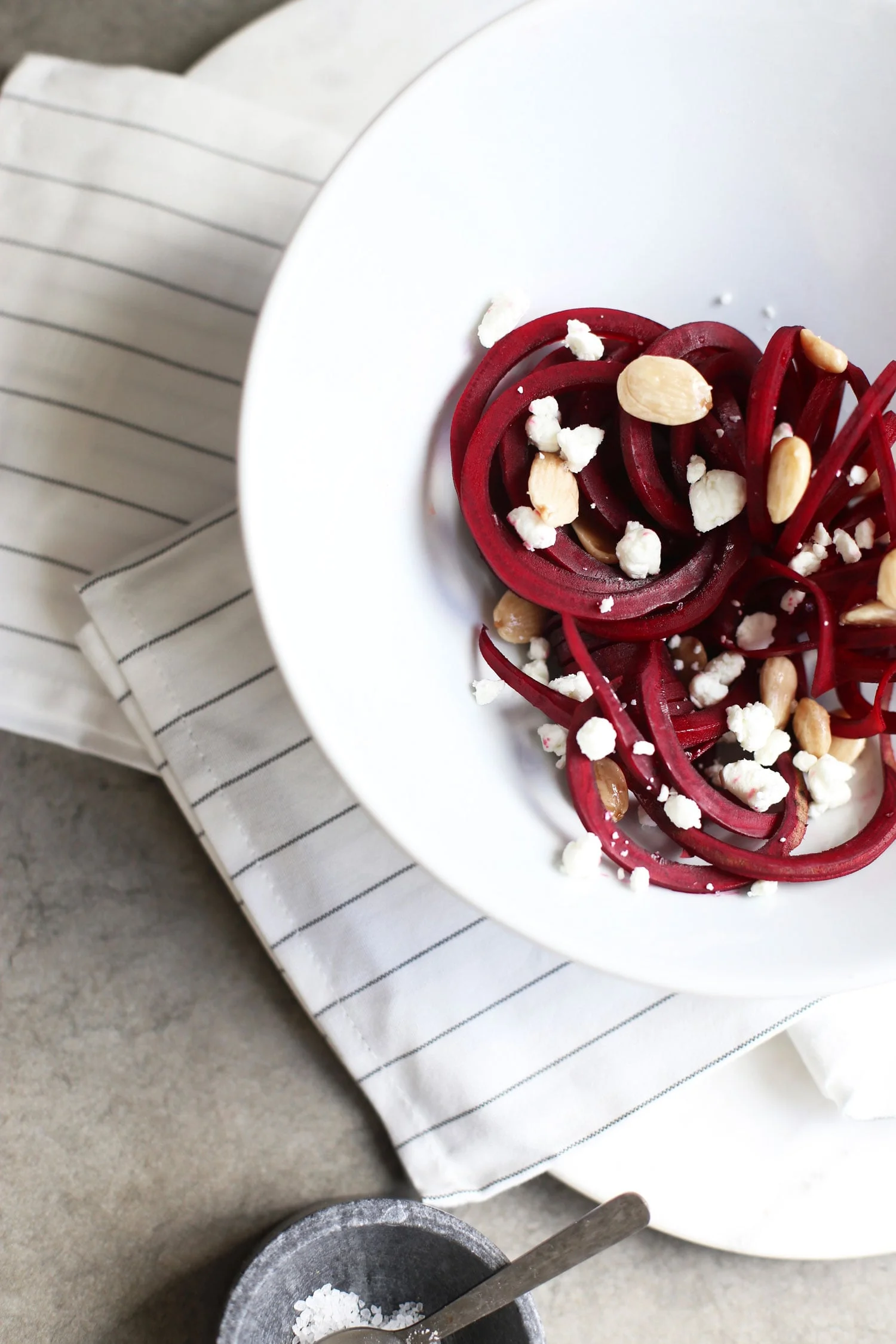 superfood recipes - spiralized beet noodles with roasted marcona almonds and goat cheese