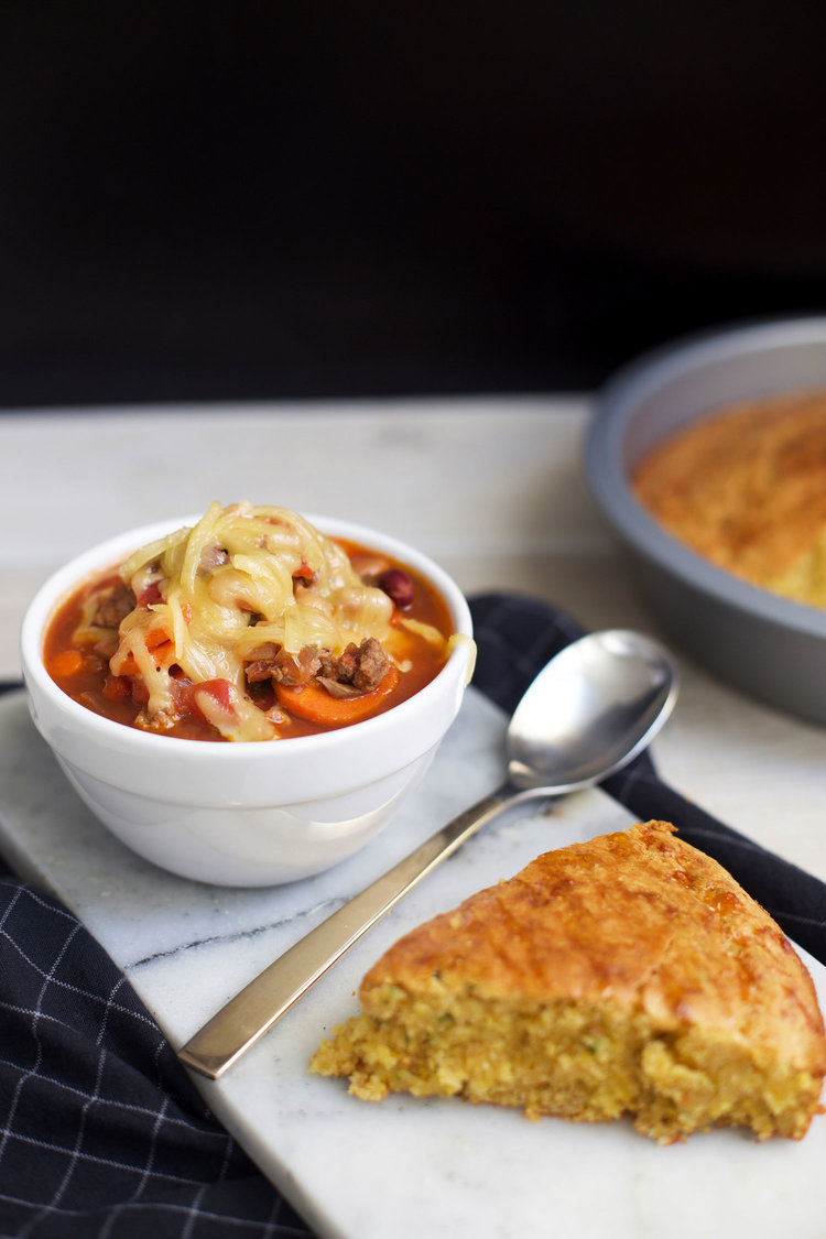 Clean out your fridge smoky chili with cheesy jalapeño cornbread