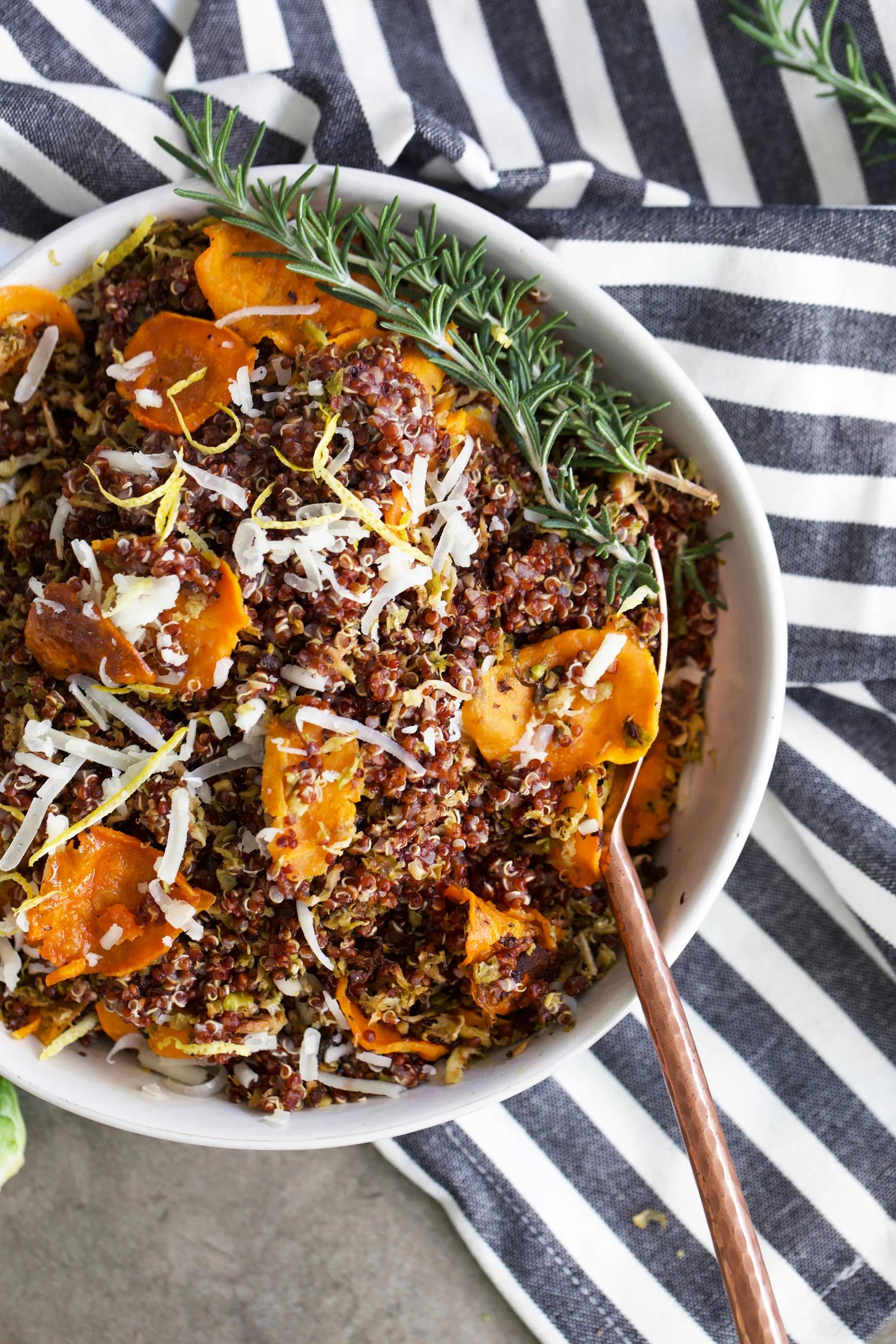 bowl of crispy Brussels sprouts quinoa and sweet potatoes
