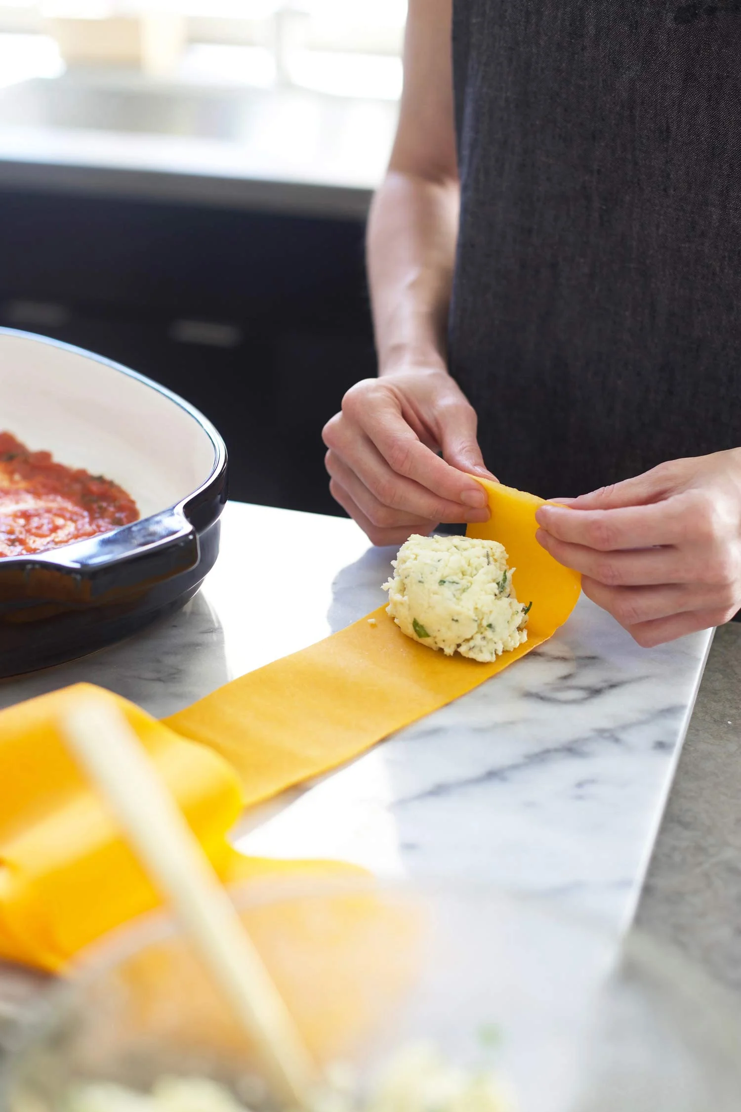 preparing butternut squash manicotti