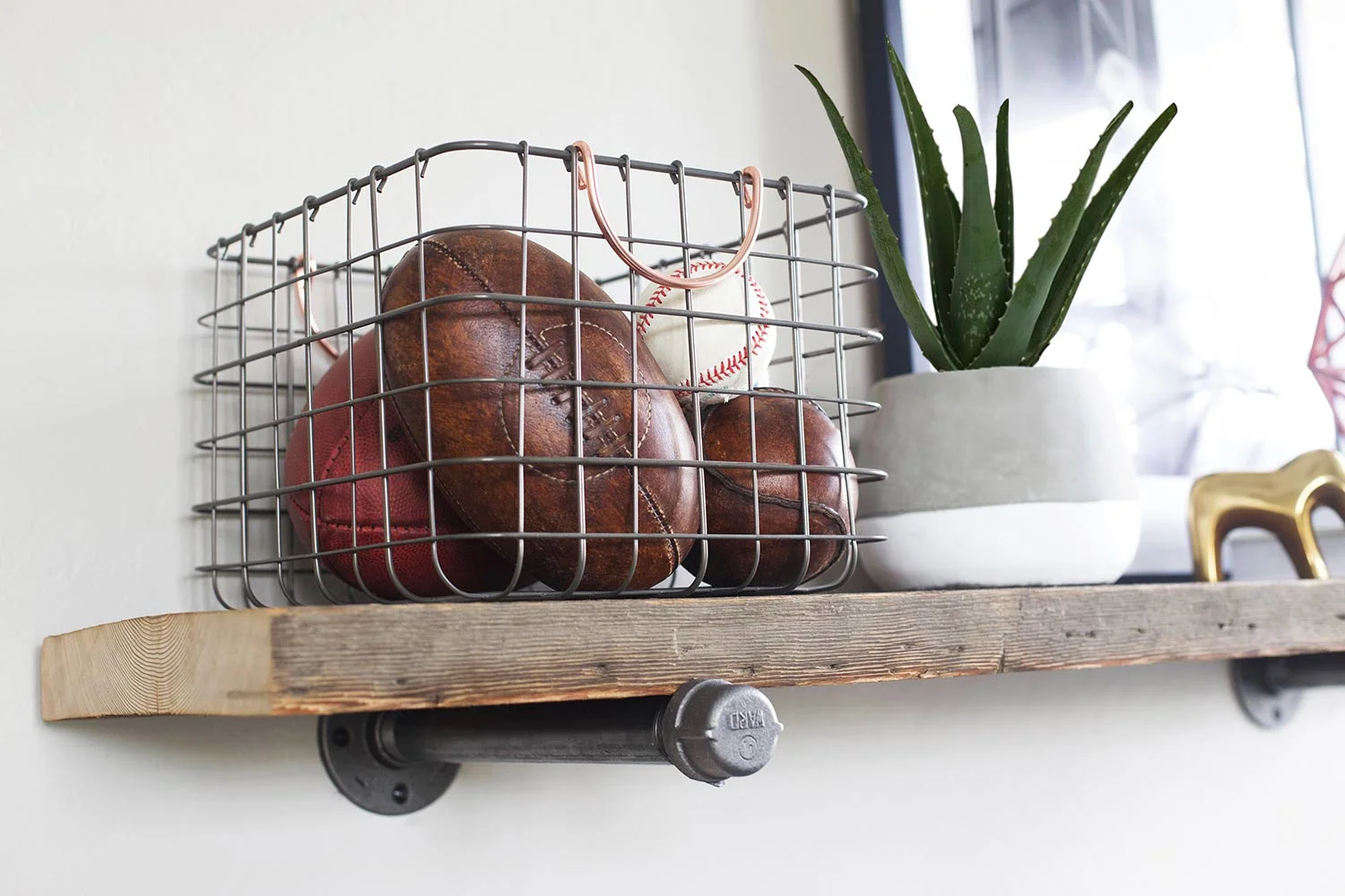 basket on reclaimed wood shelf