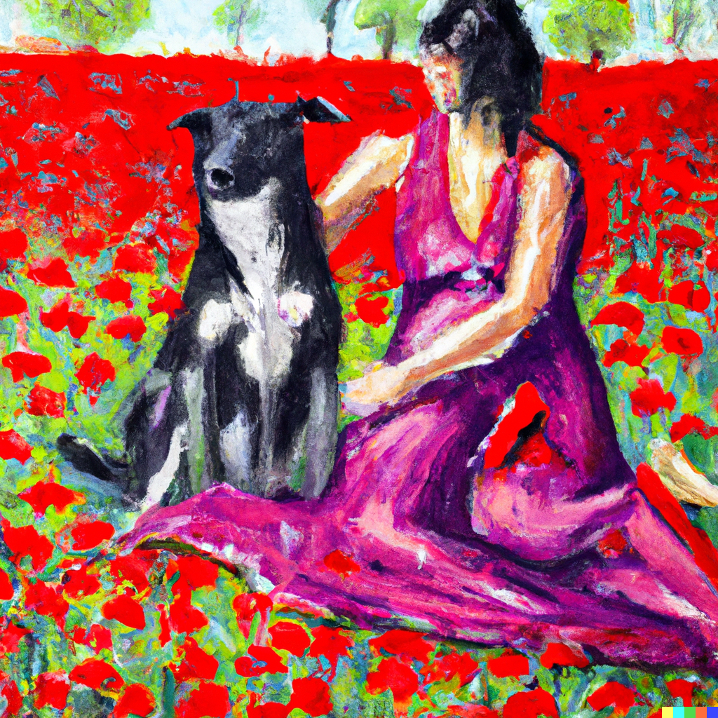 DALL·E 2023-04-05 19.25.56 - Impressionist painting of woman with black hair wearing a purple linen dress hand sewing with her staffordshire shepherd dog mix in a field of red pop.png