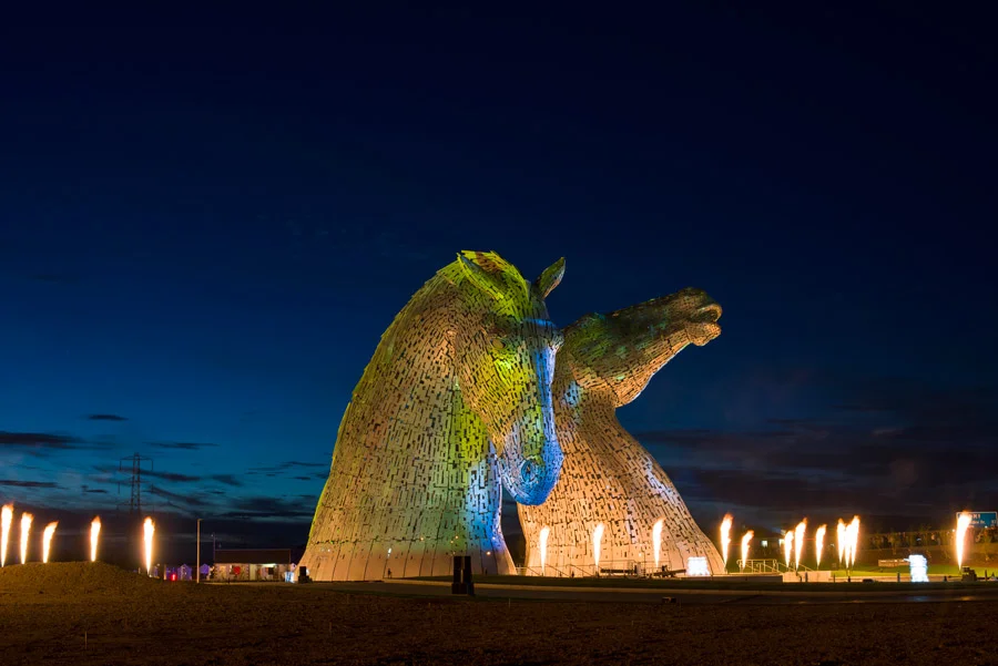 Night time event photography of the grand opening of the Kelpies.