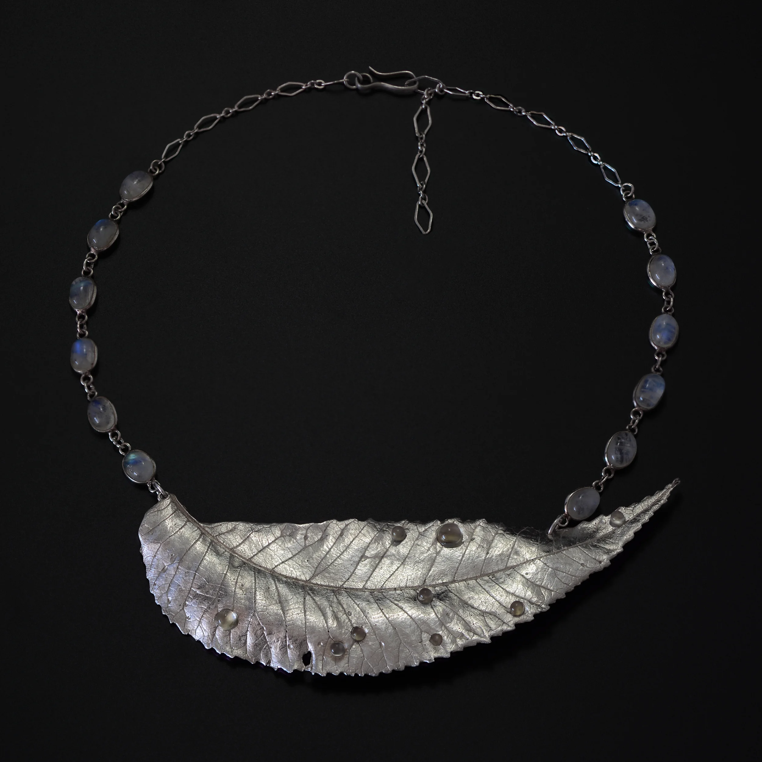 Pecan Leaf Necklace with Dew Drops Recycled Fine Silver, moonstone, labradorite Private Collection
