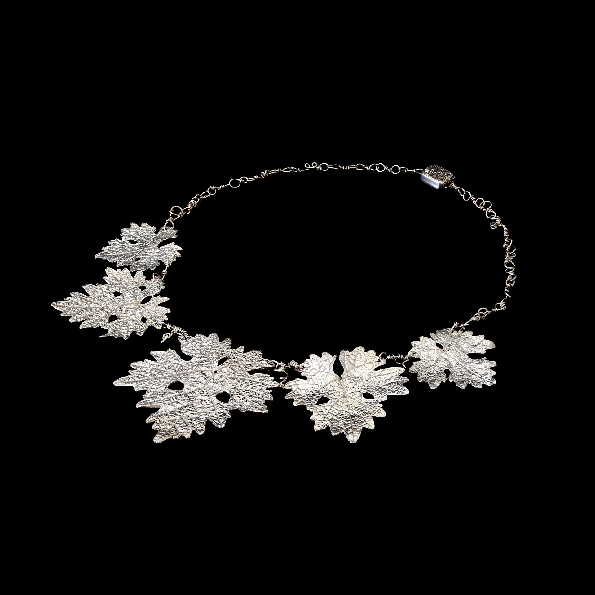 Grape Leaf and tendril chain Necklace Recycled Fine Silver, Sterling