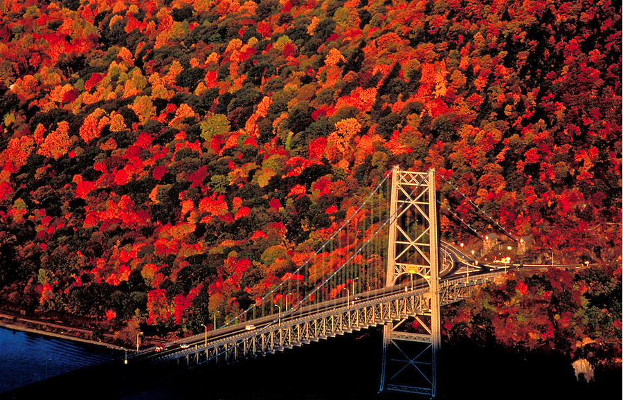 Bear Mountain Bridge across the Hudson, with fall colors, New York. © Jake Rajs 2009