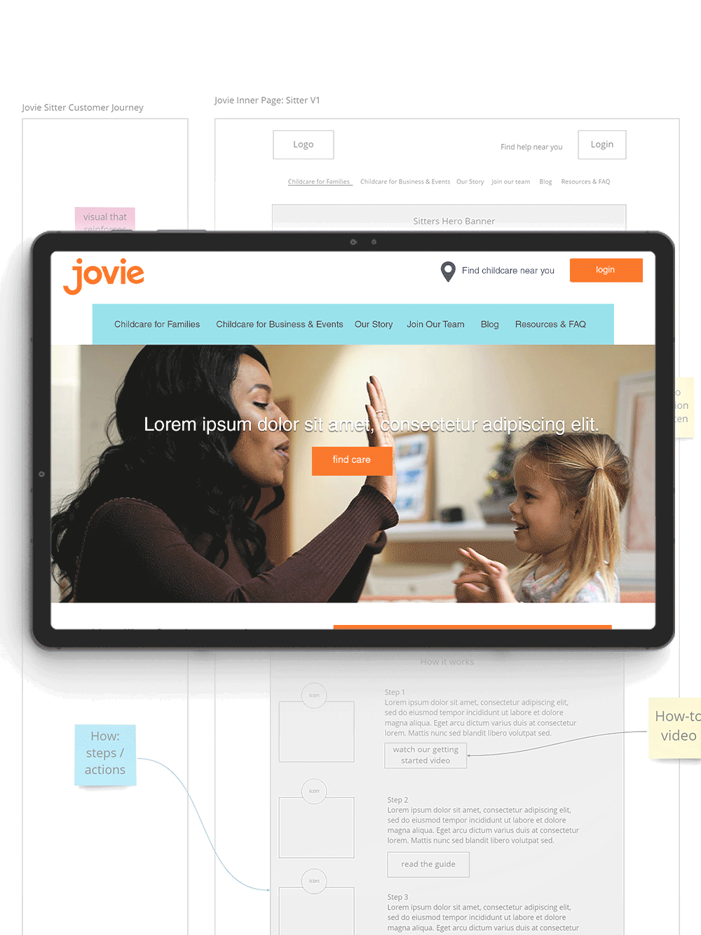 Screenshot of a website homepage for Jovie, a childcare service, showing a woman and a young girl giving a high five. The website has a bright, friendly design with a navigation menu, logo, and a prominent 'find care' button.