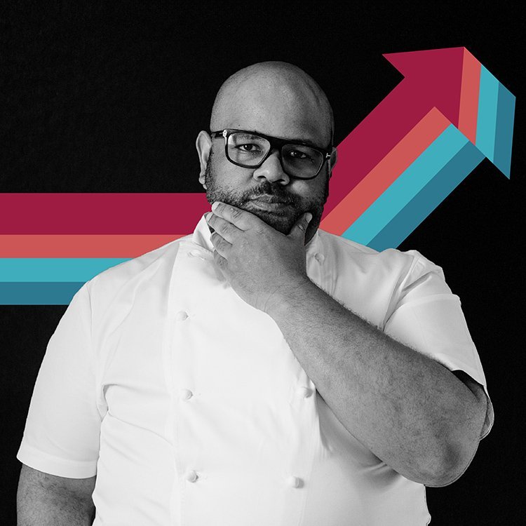 A Popmenu branding campaign of a male chef wearing glasses and a white chef's coat, standing against a dark background with colorful arrows pointing upward.