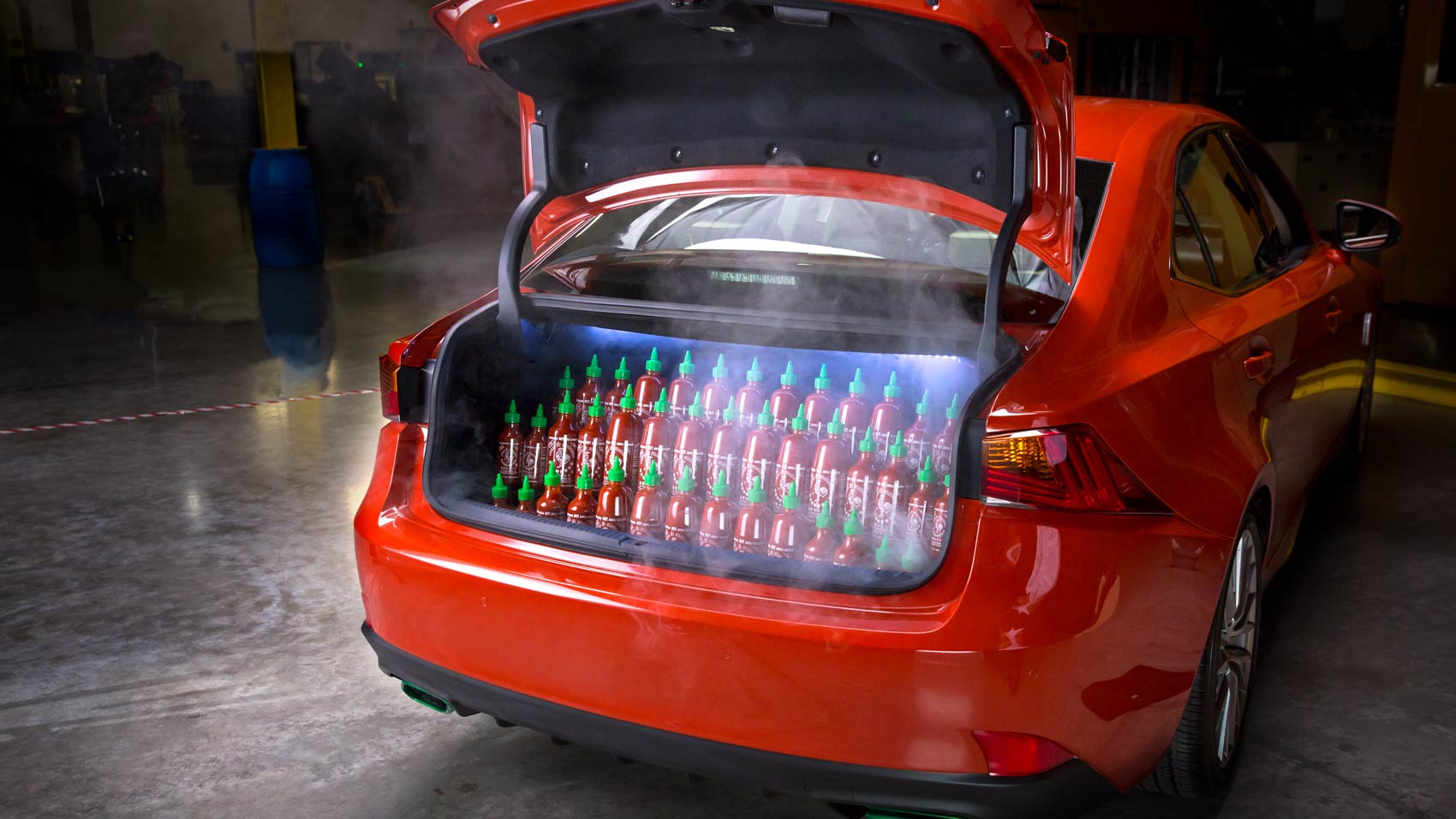 This custom car included a trunk full of Sriracha, which was glorious.