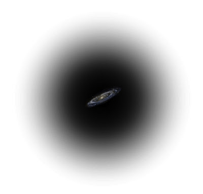 Artist's impression (well, mine) of a galaxy embedded within a spherical dark matter "halo." Image of Andromeda Galaxy credit GALEX, JPL-Caltech, NASA, from APOD .