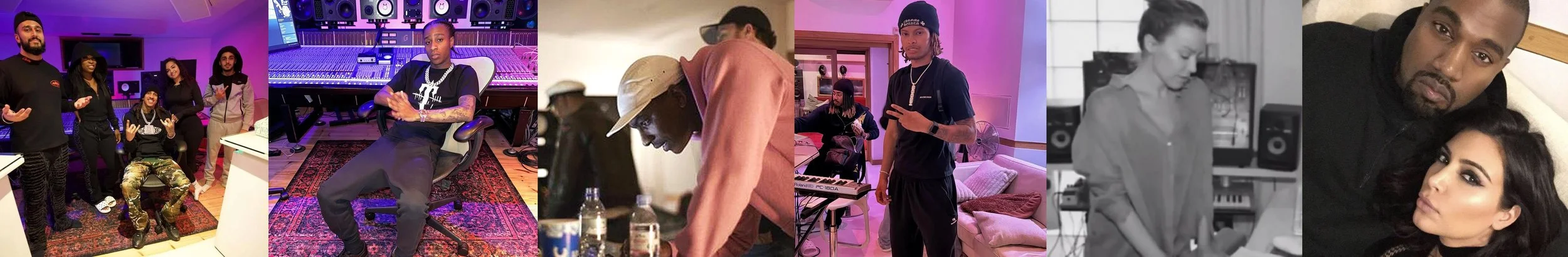 A collage of seven people in different settings, including a music studio, recording studio, and home environment, with some individuals posing and others working.