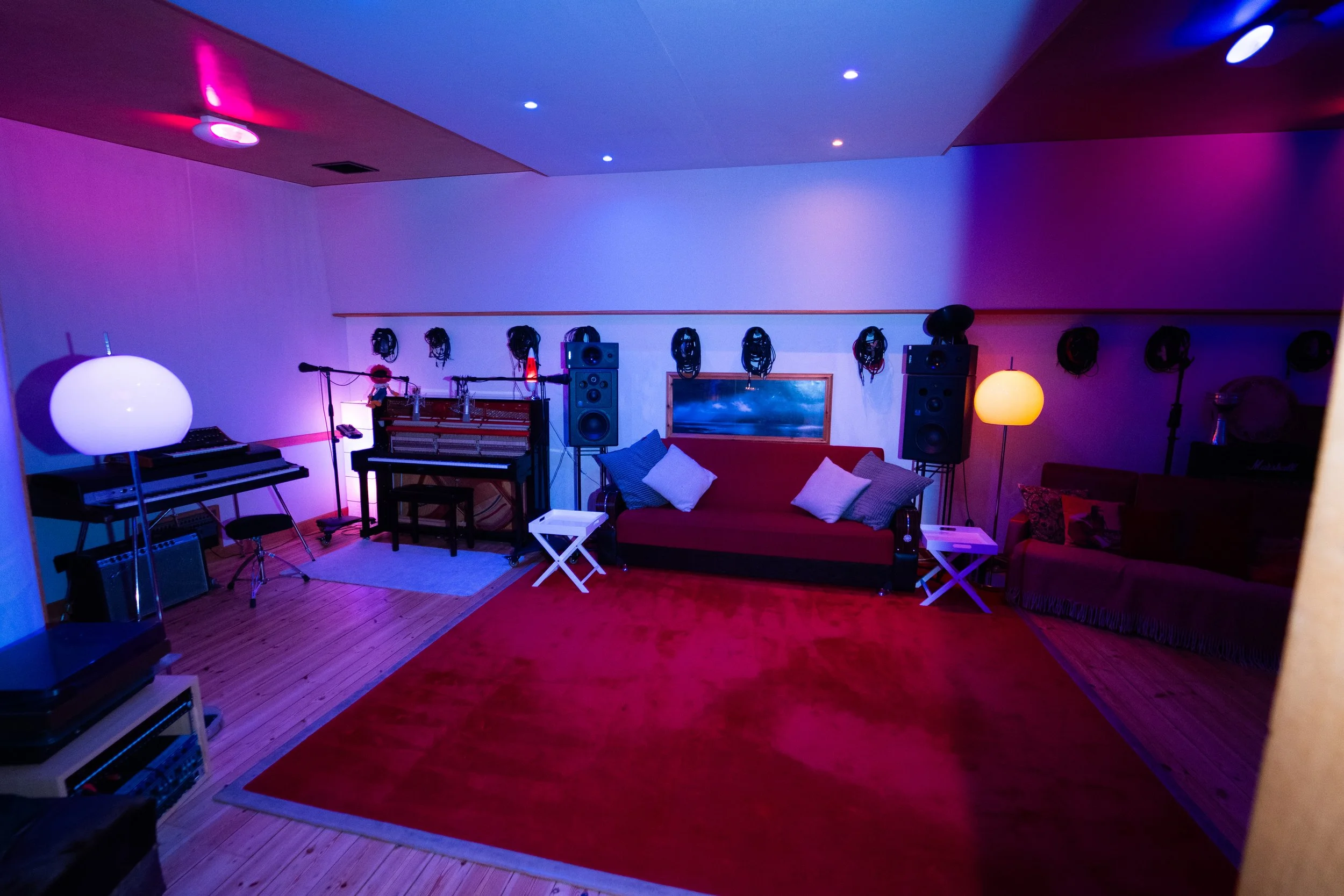 Westpoint Studios live room under Moody purple and blue lighting
