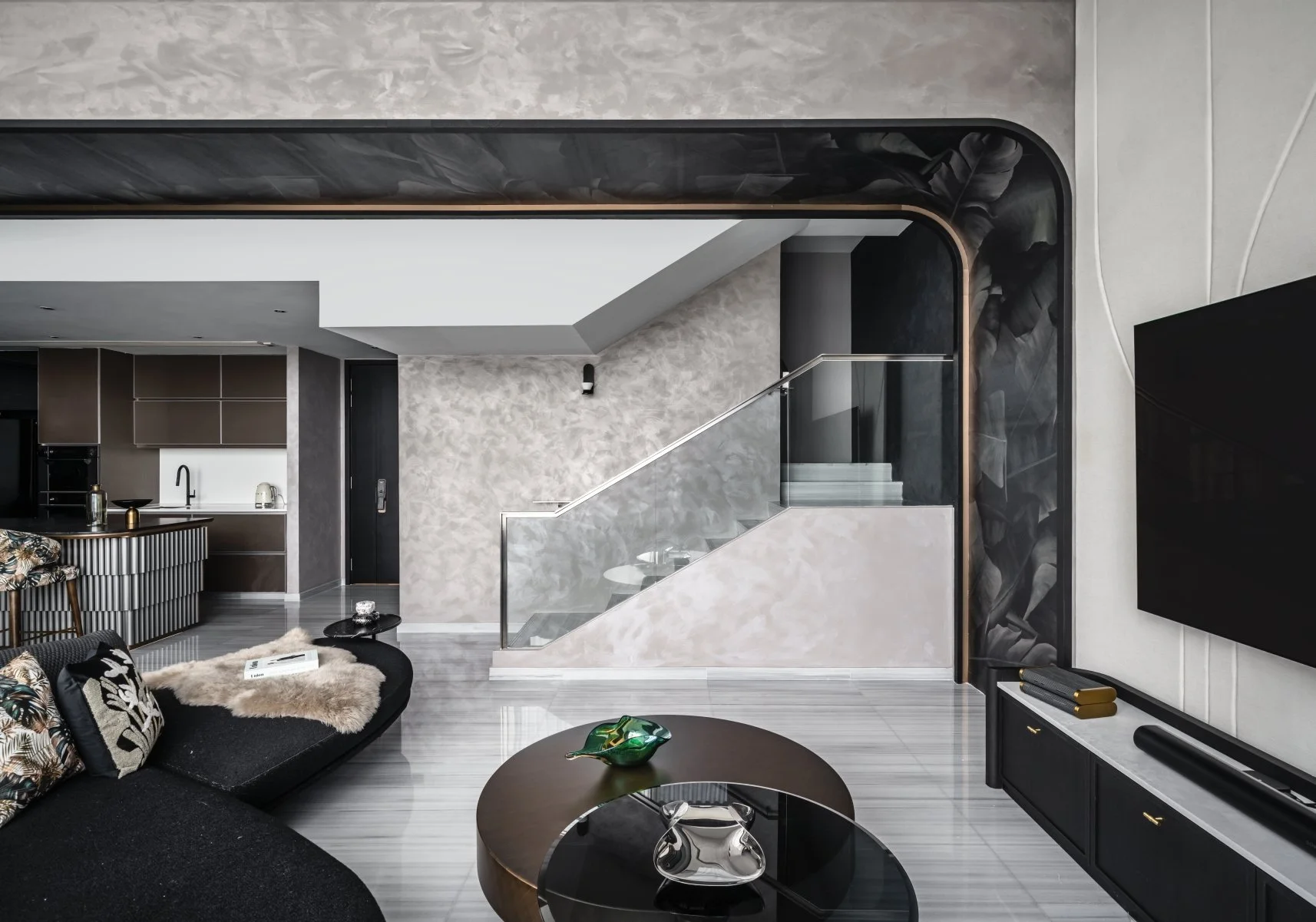 luxury interior design living room with a limewash, industrial texture and black-grey colour palette