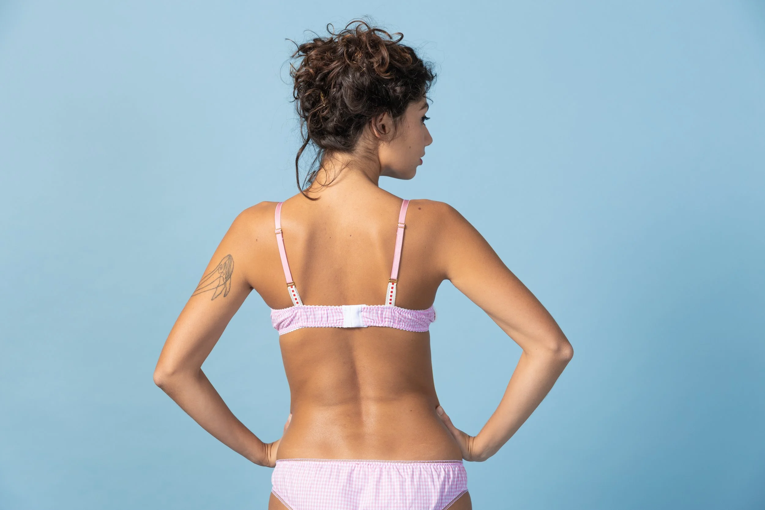 Bra back view of Cute but Psycho matching lingerie set in pink Vichy cotton