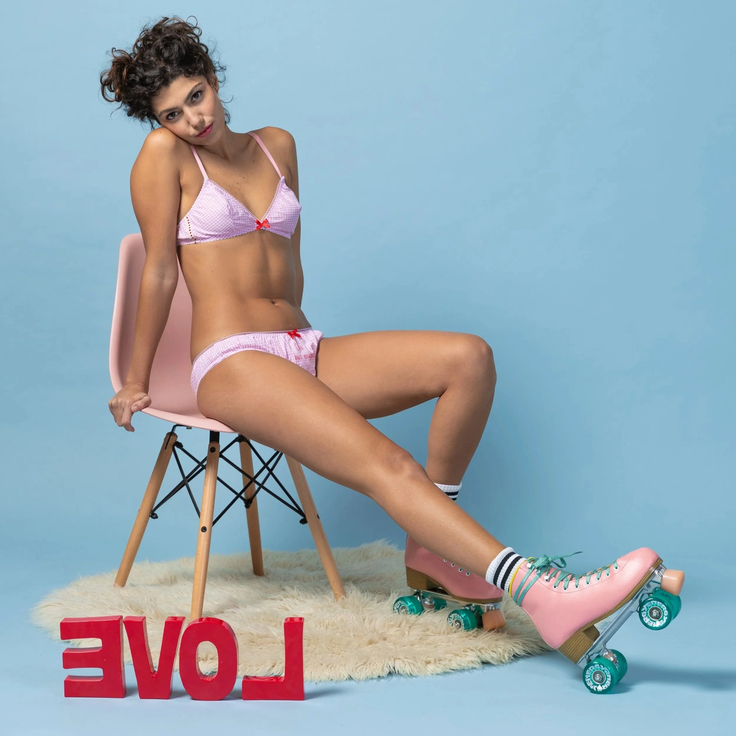 Cute but Psycho pink Vichy cotton lingerie set with red satin bow