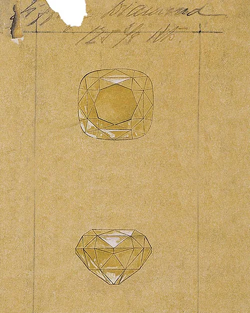 A rendering of the Tiffany Diamond from an 1886 ledger in the Tiffany archives.