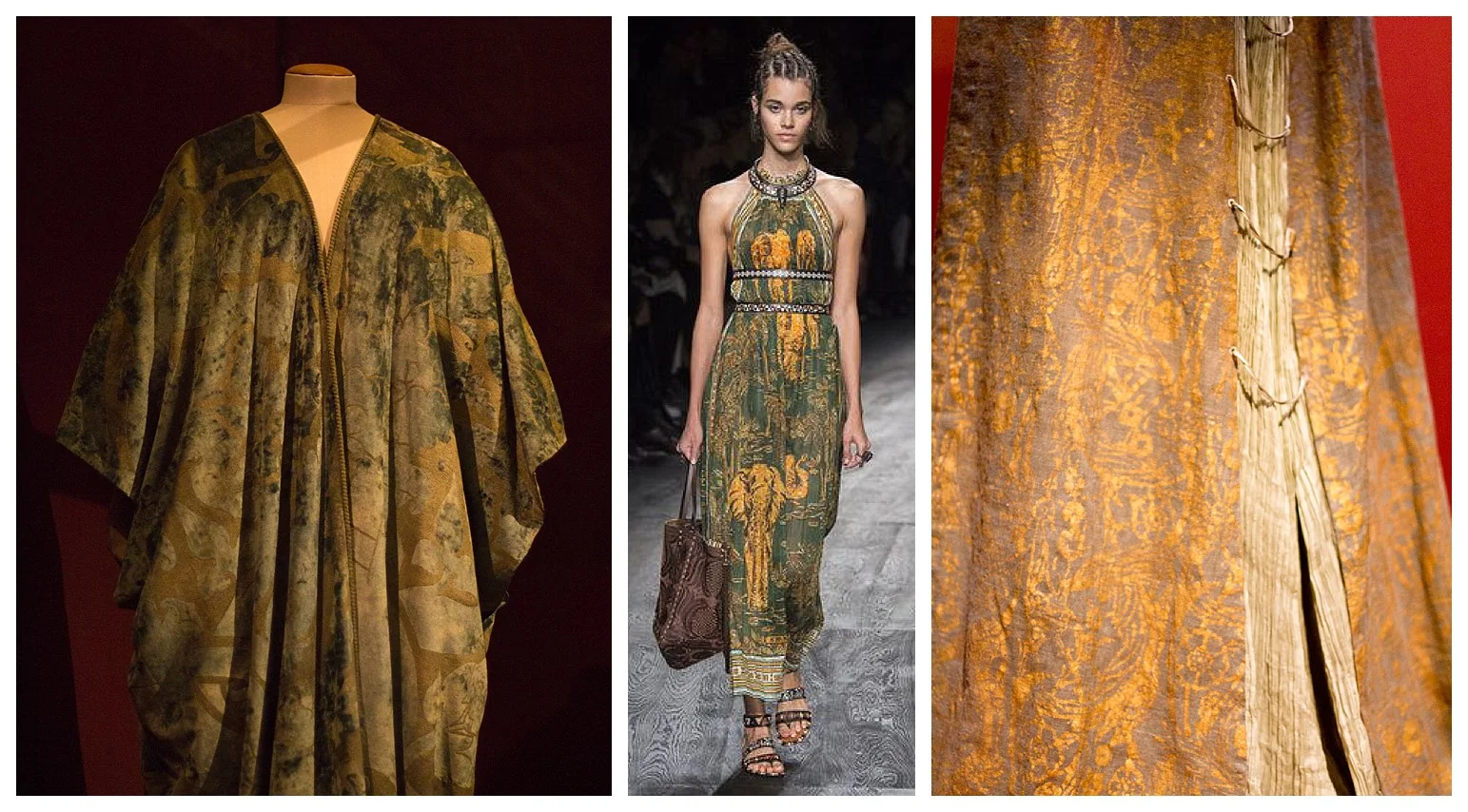 the centre photo in is the from the Valentino spring 2016 collection inspired by the prints, colours and lines of Mario Fortuny. Photos left and right are from the Palais Galleria exhibition.