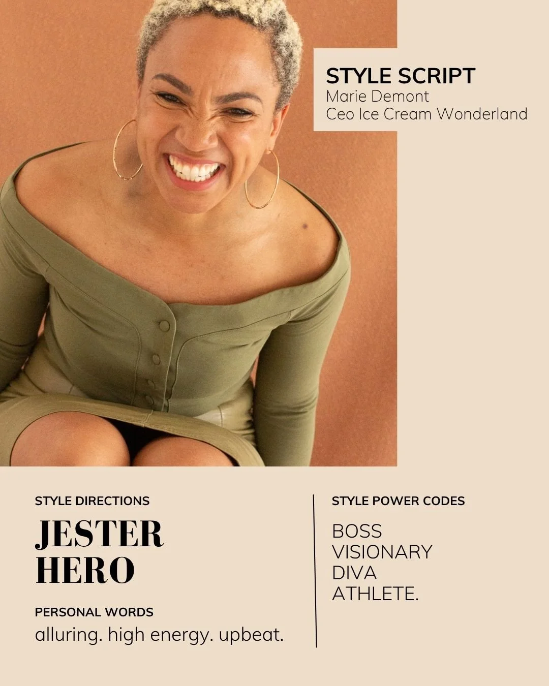 Marie Demont, CEO and founder of Ice Cream Wonderland, showing her Jester and Hero Style Directions through a bright olive green outfit. Personal Style Script by Style Is A Language.