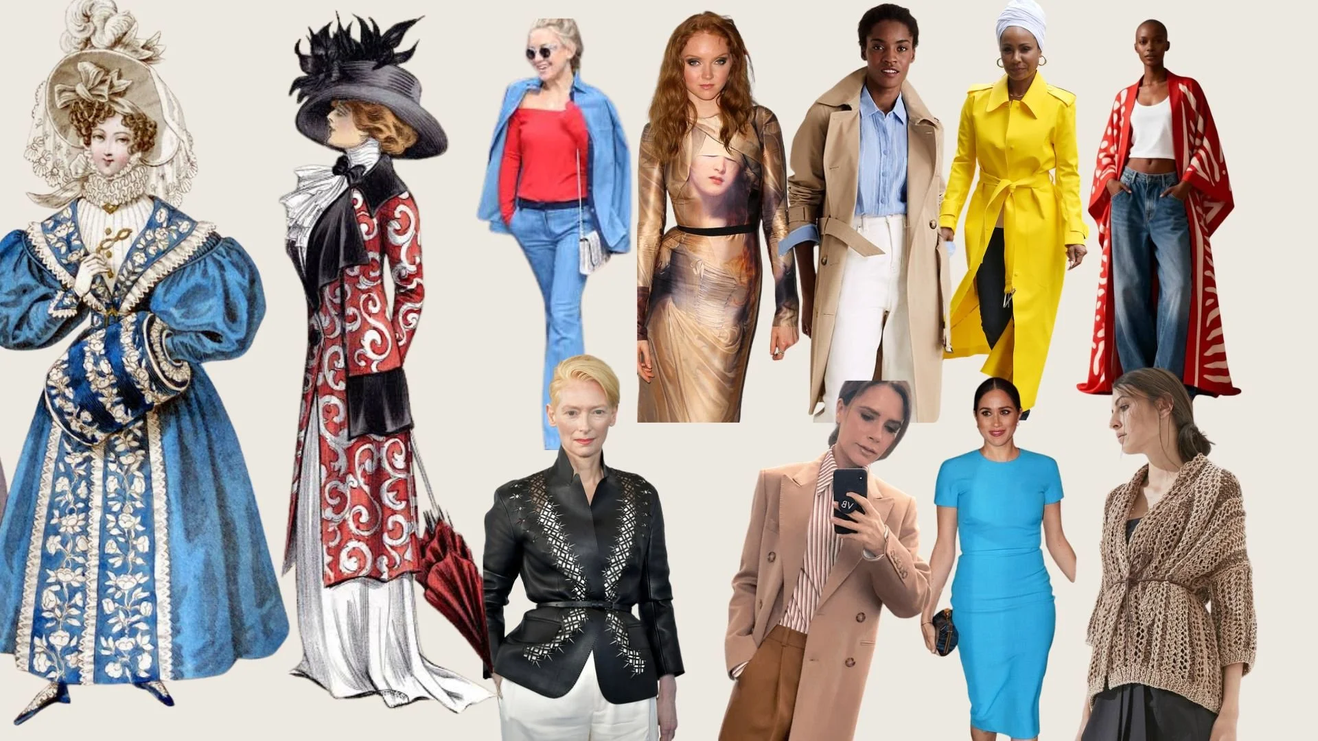 Examples of women expressing different personal styles through colour, line, shape and texture.