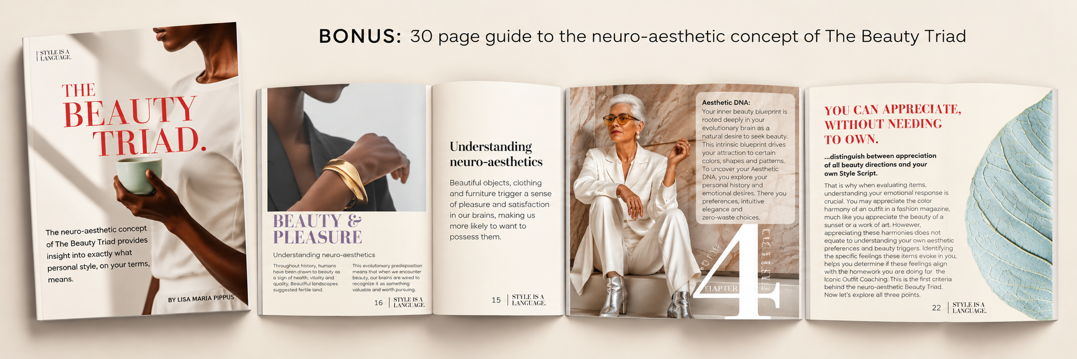 The Beauty Triad, a 30-page guide by Lisa Maria Pippus exploring neuro-aesthetics, beauty, aesthetic preferences and personal style through illustrated pages. Style Is A Language.