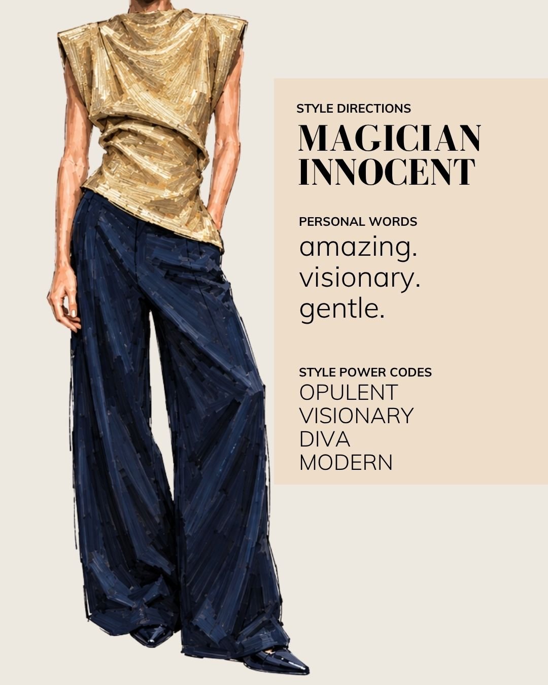 Personal style illustration combining Magician and Innocent Style Directions, featuring a gold draped top and navy wide-leg trousers. Style Is A Language.