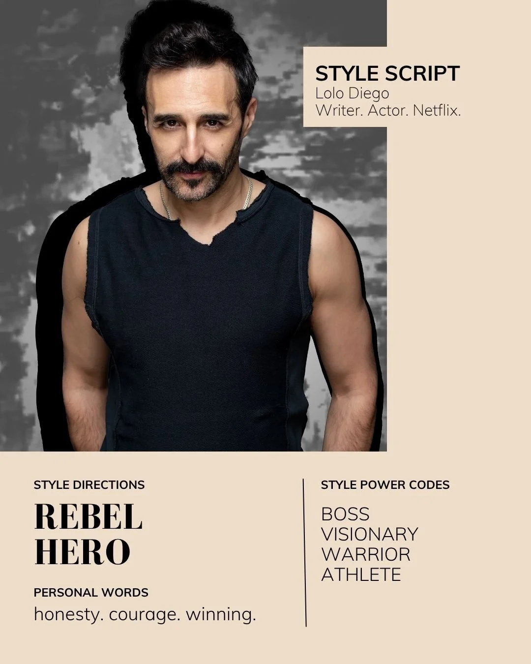 Lolo Diego, writer, actor and director, showing his Rebel and Hero Style Directions through a black raw edge top. Personal Style Script by Style Is A Language.