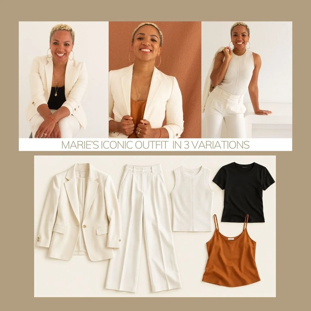 Marie Demont, CEO and founder of Ice Cream Wonderland, showing her benchmark outfit in three variations, expressing her Jester and Hero Style Directions through the Style Is A Language personal style coaching method.