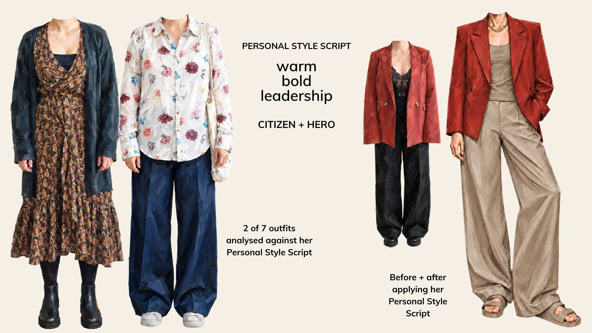 Outfit Consultation before and after showing Citizen + Hero Style Directions and the Personal Style Criteria warm, bold and leadership applied to an outfit.