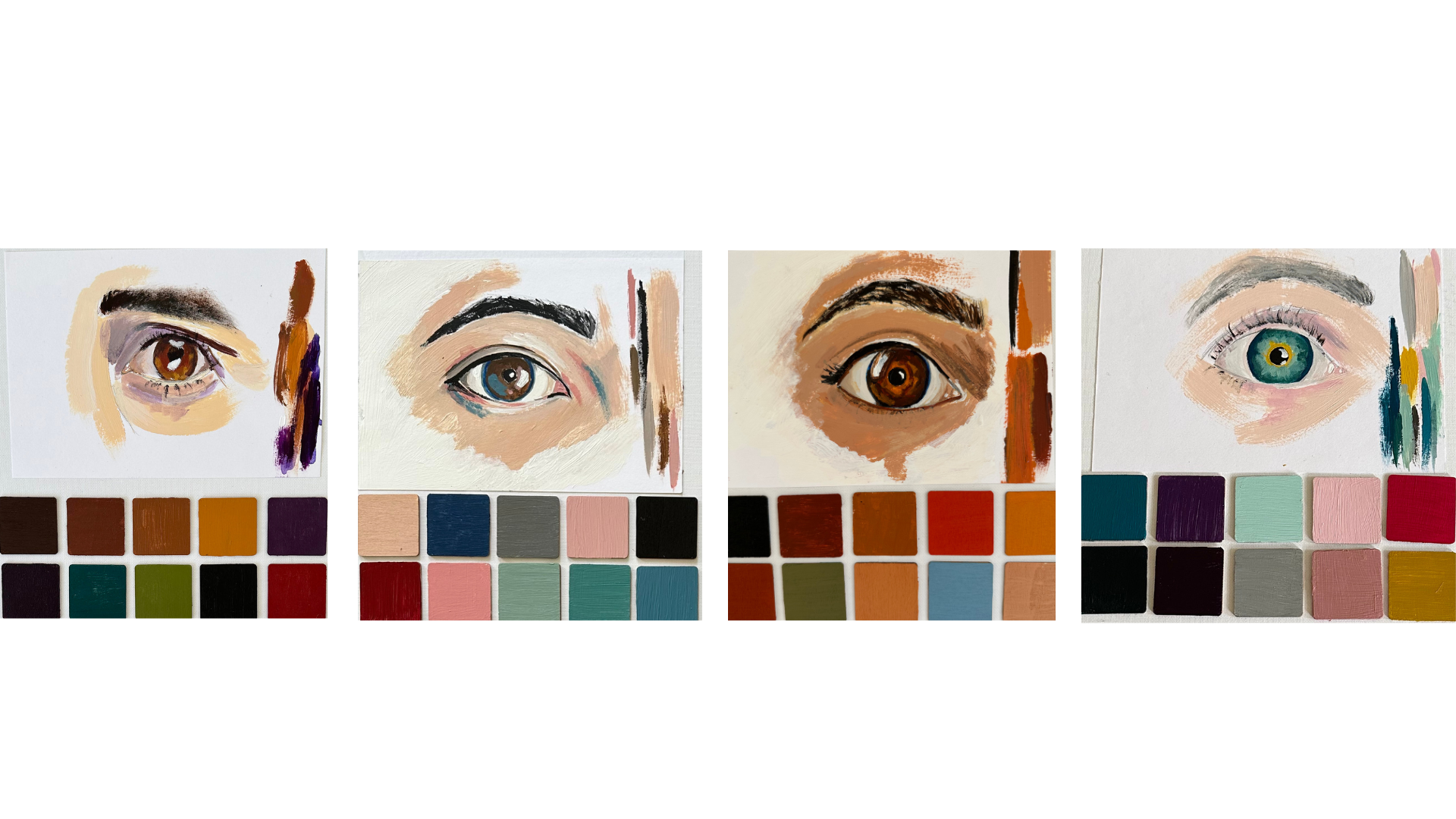 Hand-painted artwork showing four eyes with color DNA palettes