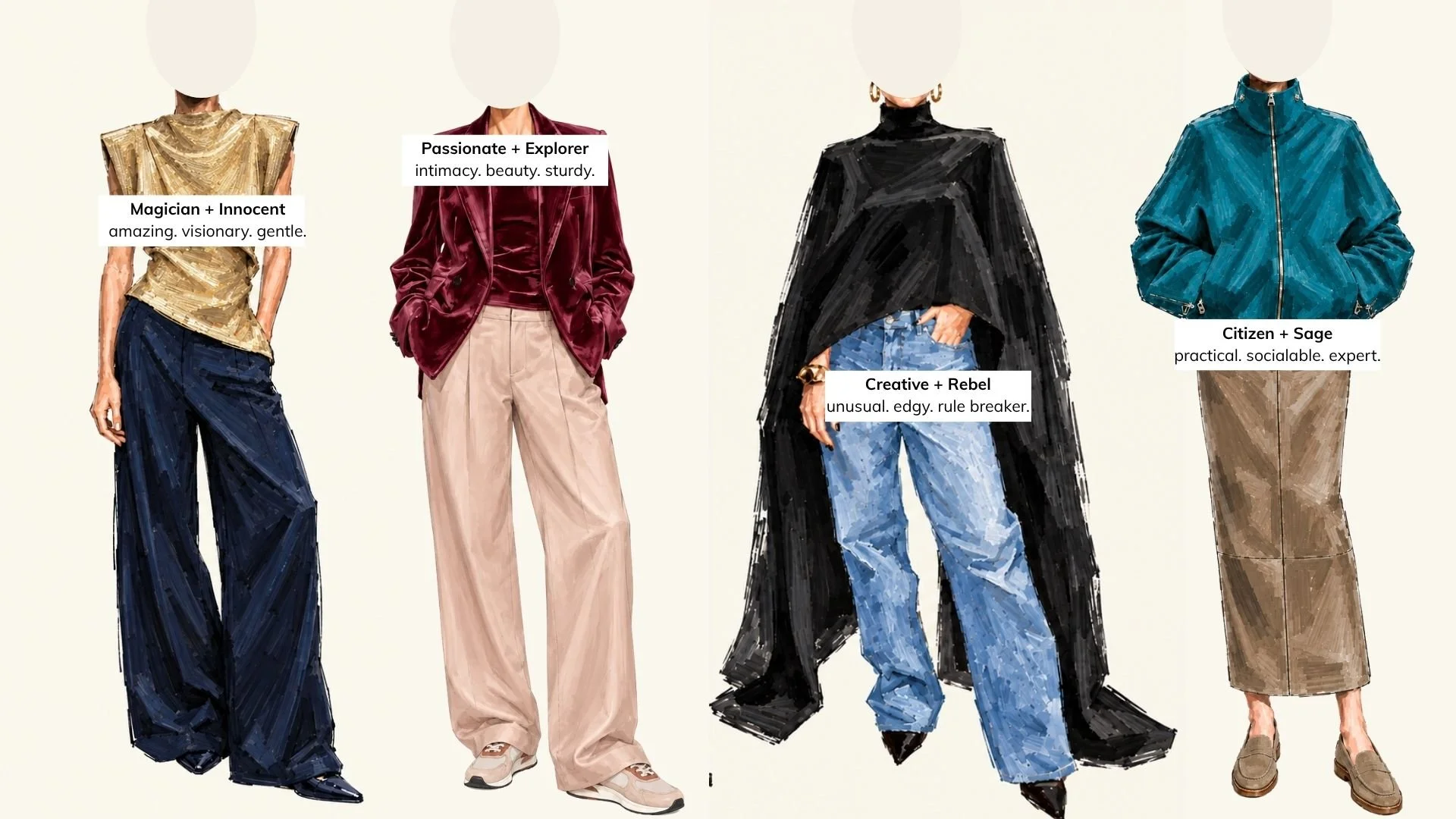 Four client outfit examples showing different Personal Style Scripts created from two Style Directions and three unique-to-you words.
