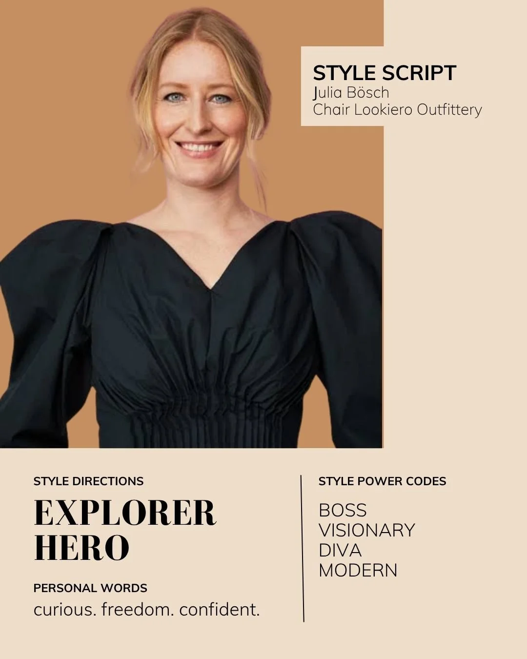Julia Bösch, executive chair and founder of Lookiero and Outfittery, expressing her Explorer and Hero Style Directions through a dramatic shoulder navy blue dress. Personal Style Script by Style Is A Language.