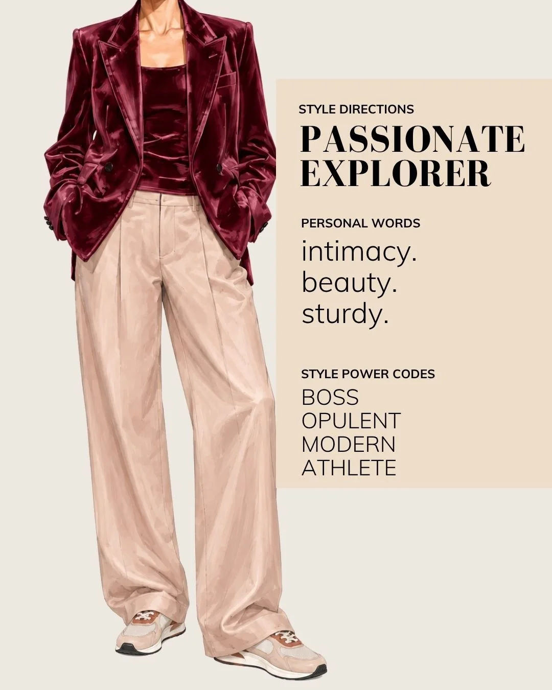 Personal style illustration combining Passionate and Explorer Style Directions, featuring a burgundy velvet blazer and cream trousers. Style Is A Language.