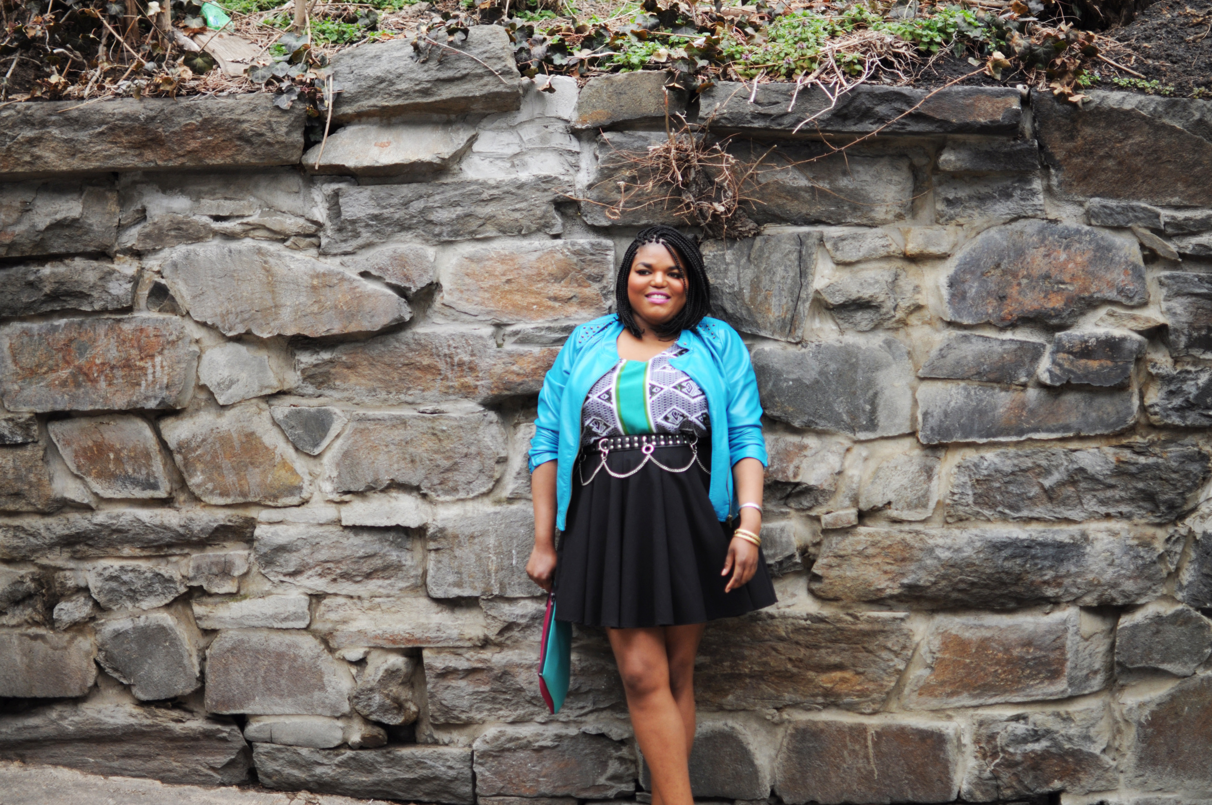 Elle of Eat Style Play rocks the cutest blue jacket for her photos.