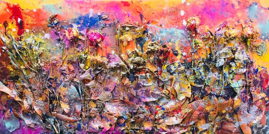 Flower Scene, 122x60cm (4x2ft) Mixed medium on wood. Found Materials, lead, epoxy resin, acrylic, oils and flowers