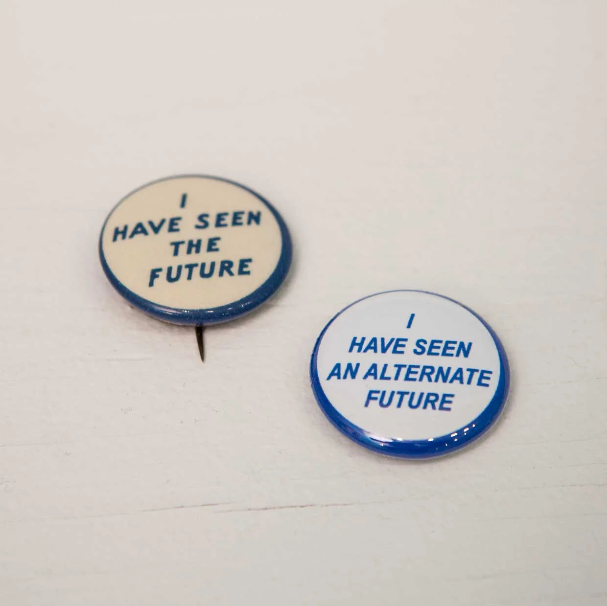 Sibyl Archer’s pins: I HAVE SEEN THE FUTURE, 1940 New York World’s Fair from the GM Pavilion, and I HAVE SEEN AN ALTERNATE FUTURE, date unknown.