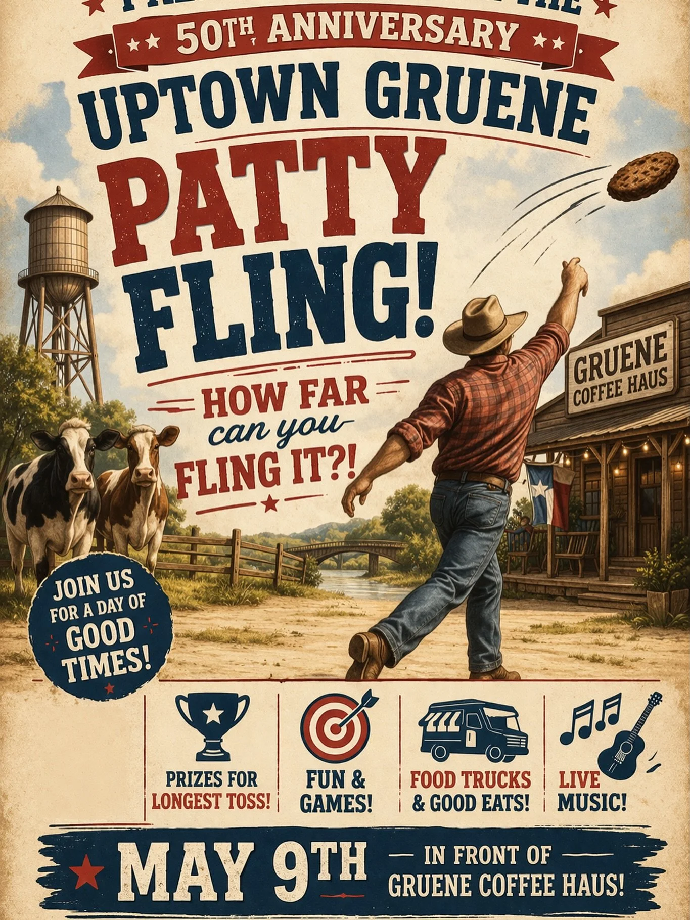 Y&rsquo;ALL &mdash; this is your sign to come sling some cow patties for a good cause 🤠💩

The Uptown Gruene Patty Fling is calling on YOU to show up big for the Canyon High School FFA 💙

🎯 Prizes for longest toss
🎶 Live music
🌮 Food trucks &amp