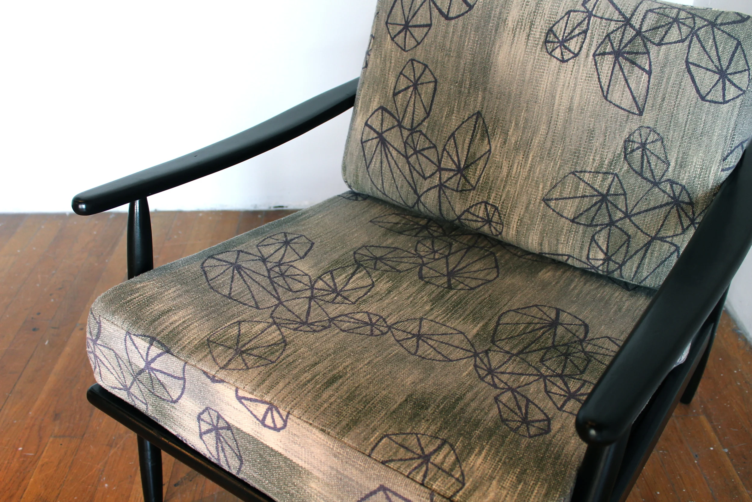  chair cushions upholstered with hand dyed, woven &amp; printed yardage. part of a matching set. 
